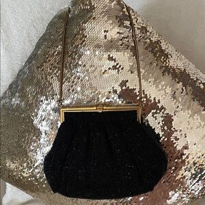 Vtg. Micro Beaded Elegant Black Evening Clutch Purse Mother of Pearl